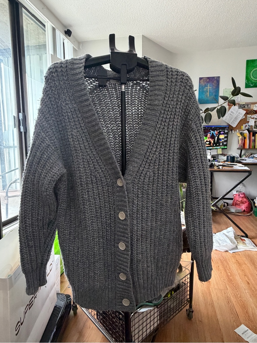 TNA Chunky V-Neck Button Cardigan in Charcoal